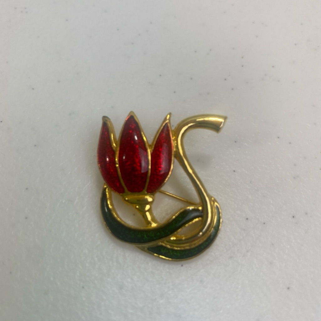 Sfj Stephen’s Fine Jewelry Red Green Enamel Gold Tone Tulip Lotus Brooch Pin